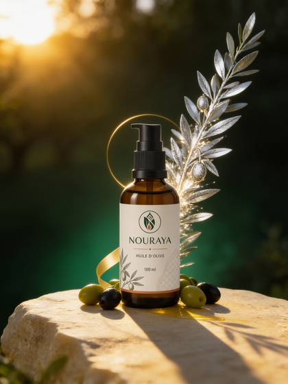Huile d'olive NOURAYA 100 ml au coucher de soleil, olives et rameau d'olivier