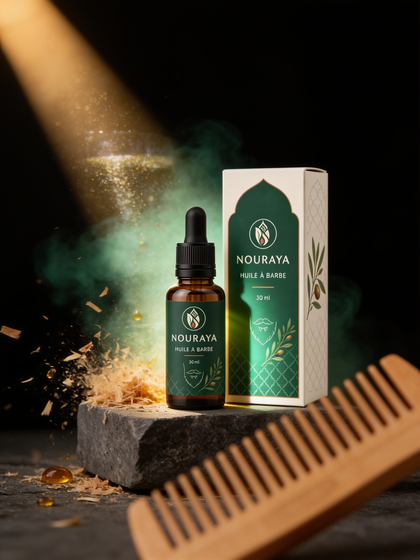 Huile à barbe NOURAYA avec peigne en bois, ambiance sombre et fumée verte