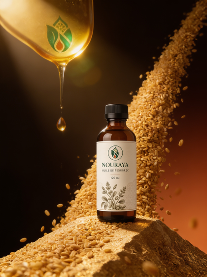 Huile de fenugrec NOURAYA 120 ml avec graines de fenugrec dorées et coulée d'huile