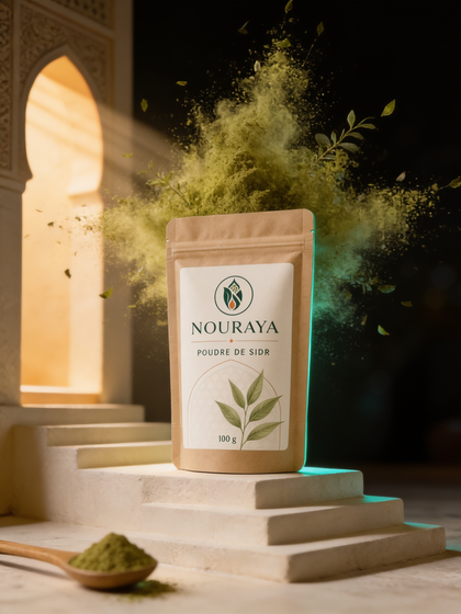 Sachet de poudre de sidr NOURAYA 100 g avec nuage de poudre végétale verte