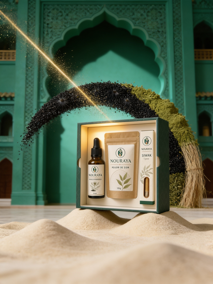 Coffret NOURAYA Rituel Héritage ouvert : huile de nigelle, poudre de sidr et siwak offert