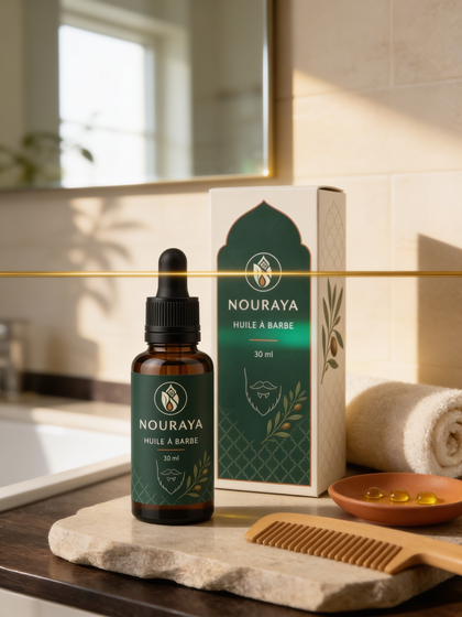 Huile à barbe NOURAYA 30 ml et son étui dans une salle de bain lumineuse, avec peigne en bois