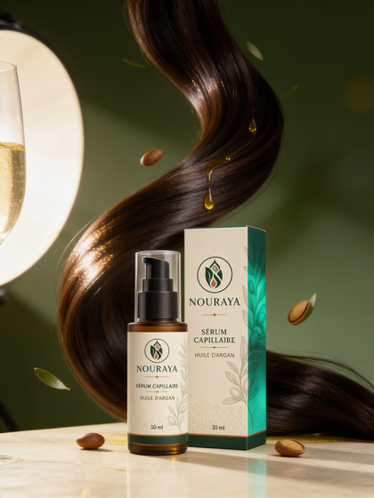 Sérum à l'huile d'argan NOURAYA et chevelure brune brillante, résultat souplesse