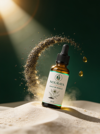 Huile de nigelle NOURAYA 30 ml entourée de graines de nigelle en suspension