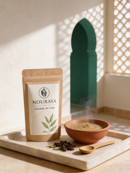 Poudre de sidr NOURAYA préparée en pâte dans un bol en terre cuite, prête à appliquer