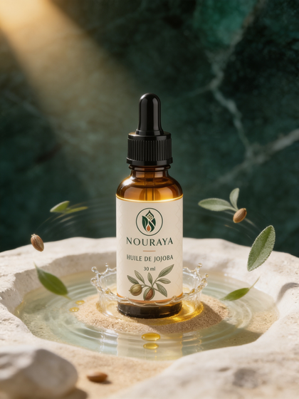 Huile de jojoba NOURAYA 30 ml sur pierre claire, couronne d'eau et feuillage