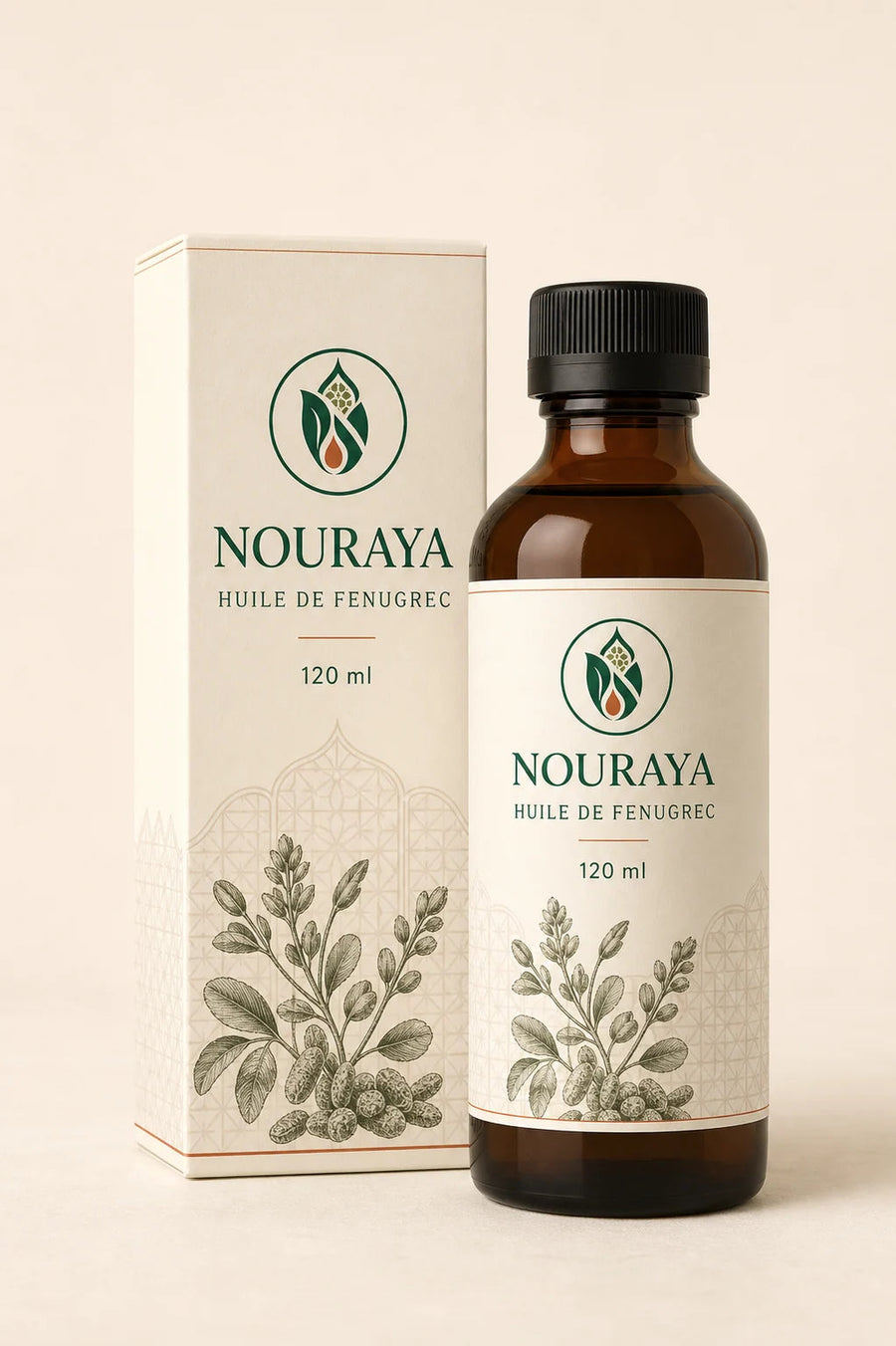 Flacon d'huile de fenugrec NOURAYA 120 ml et son étui botanique ivoire
