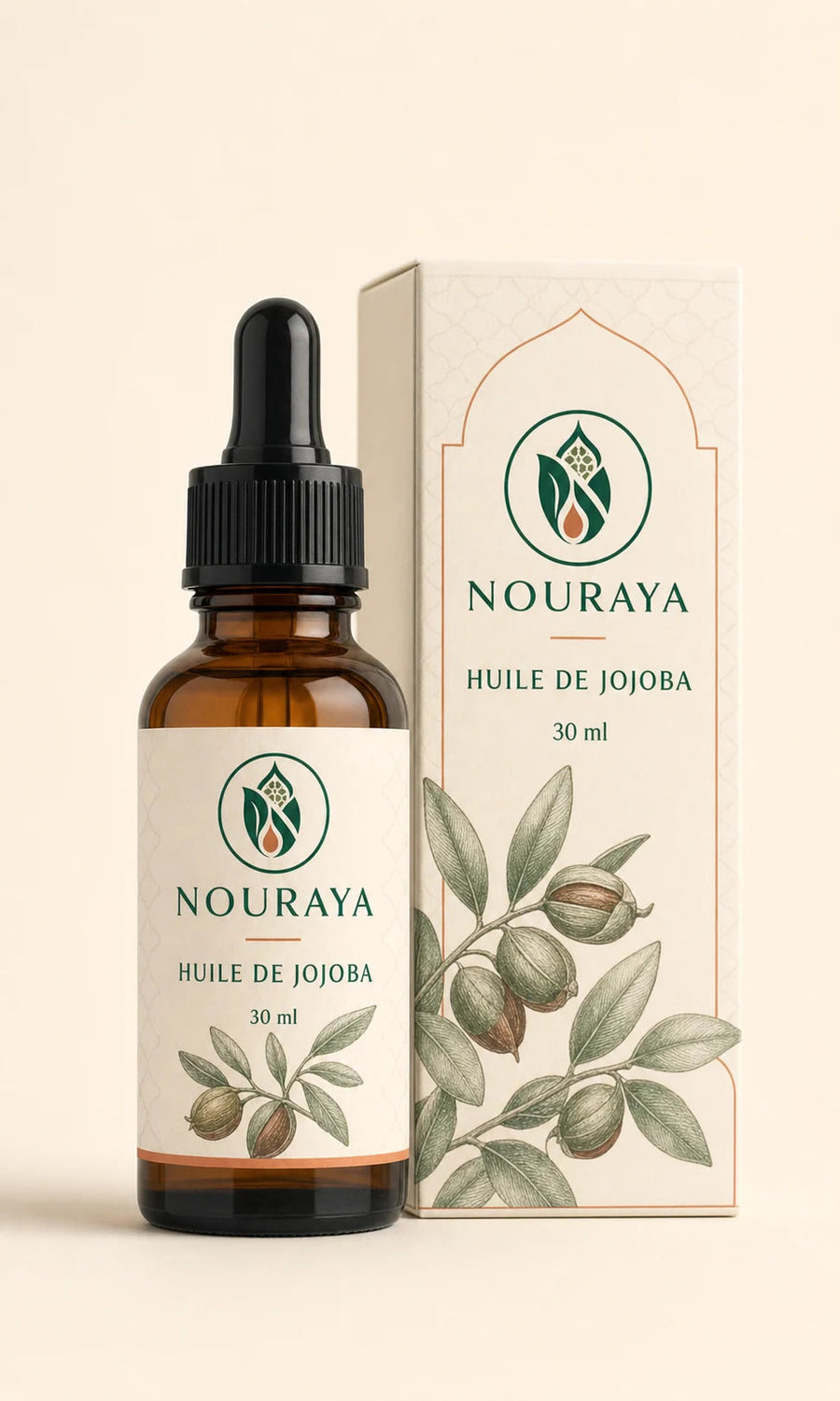 Flacon d'huile de jojoba NOURAYA 30 ml avec pipette et étui botanique ivoire