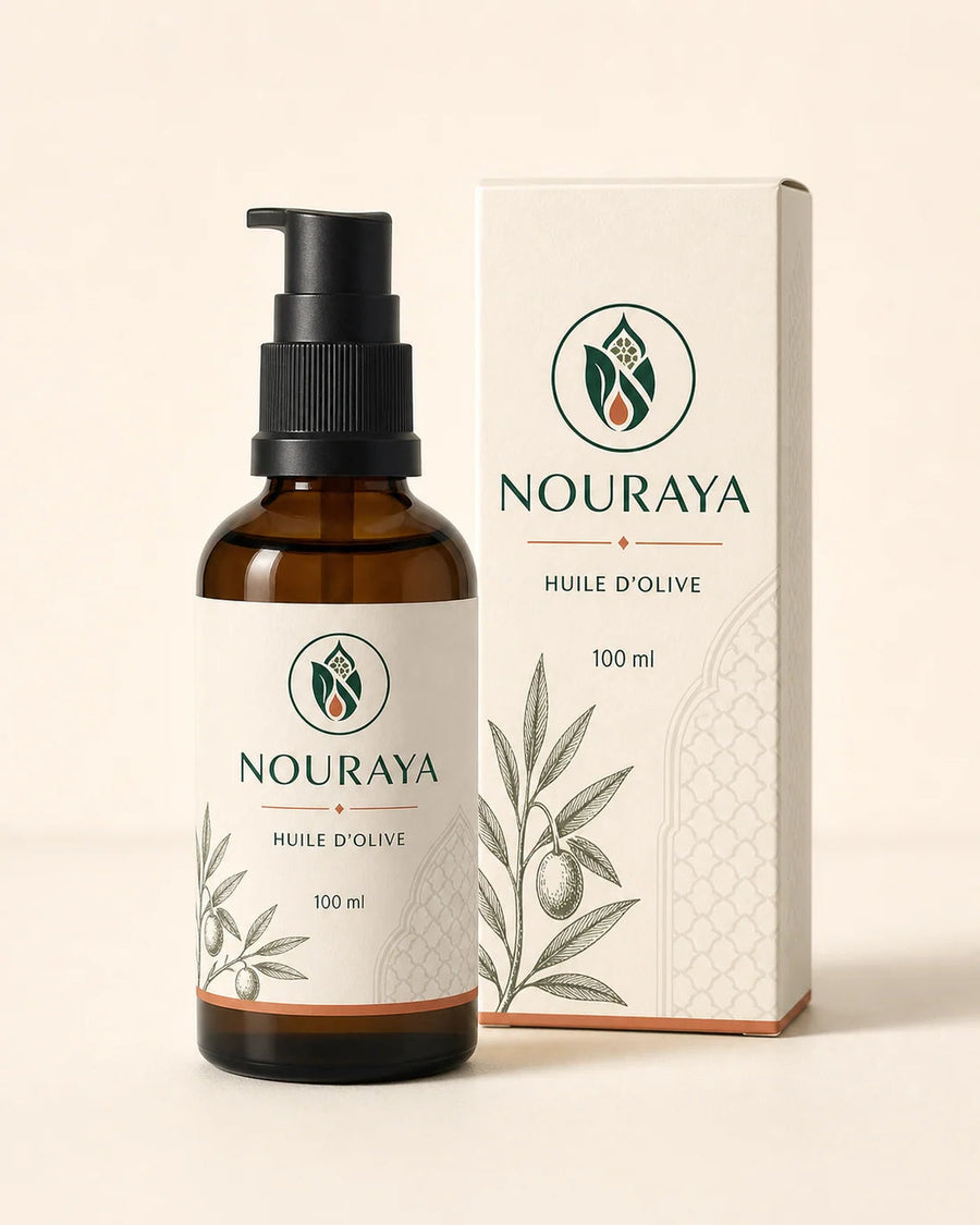 Flacon pompe d'huile d'olive NOURAYA 100 ml et son étui botanique