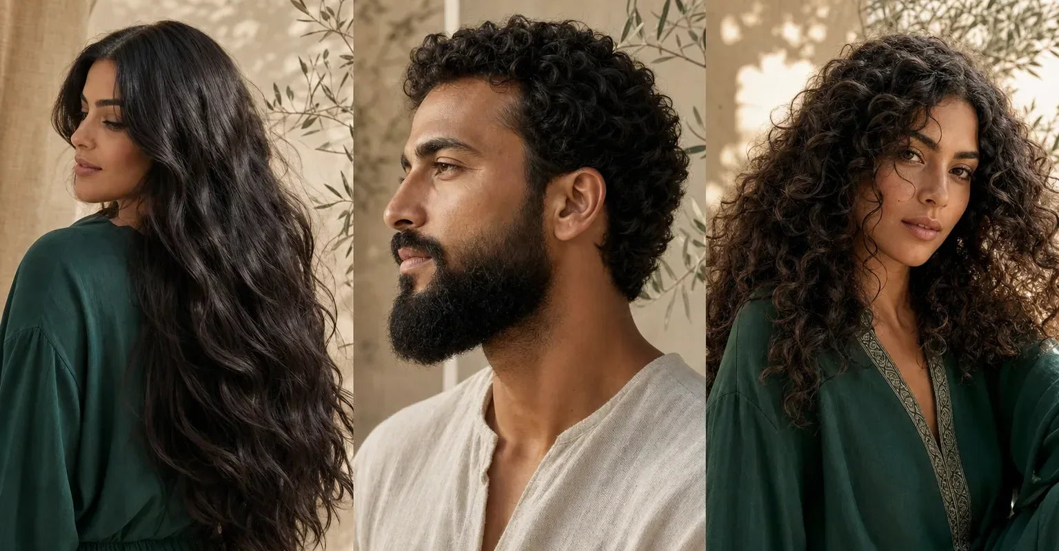 Cheveux longs soignés, barbe entretenue et cheveux bouclés